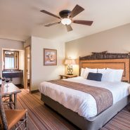 Guest room at Denali Princess Wilderness Lodge photo showing bed, fan, desk, chair, night stand, lamp vanity and bathroom door