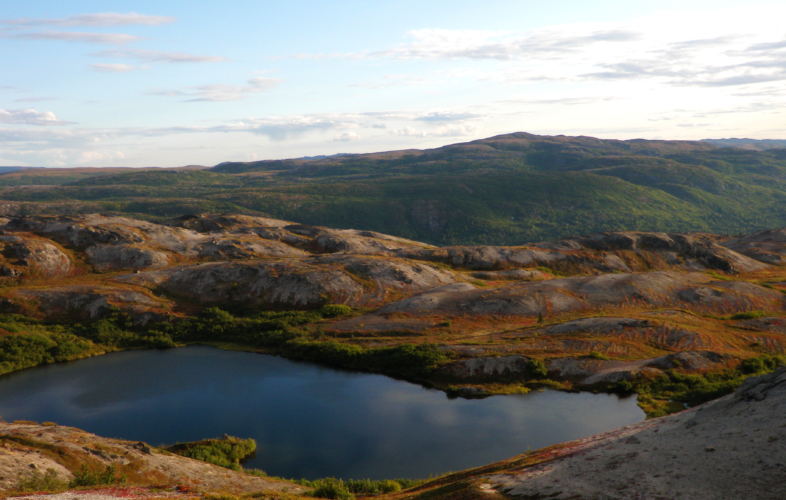 View from above of a lake and hills of Denali State Park